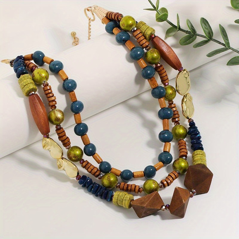 Bohemian Layered Irregular Beads Necklace in Brown, Green, and Blue